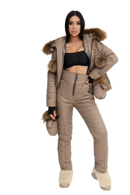 Womens Winter Warm Ski Snowboarding Suit Jacket and Pants with Natural Raccoon Fur