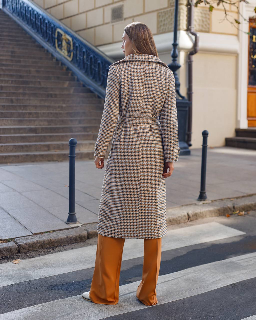 Womens Turkish Fabric Houndstooth Pattern Long Coat with Belt