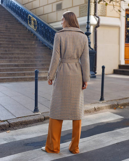Womens Turkish Fabric Houndstooth Pattern Long Coat with Belt
