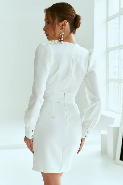 Elegant White Bianca Suiting Fabric Dress with Puff Long Sleeves