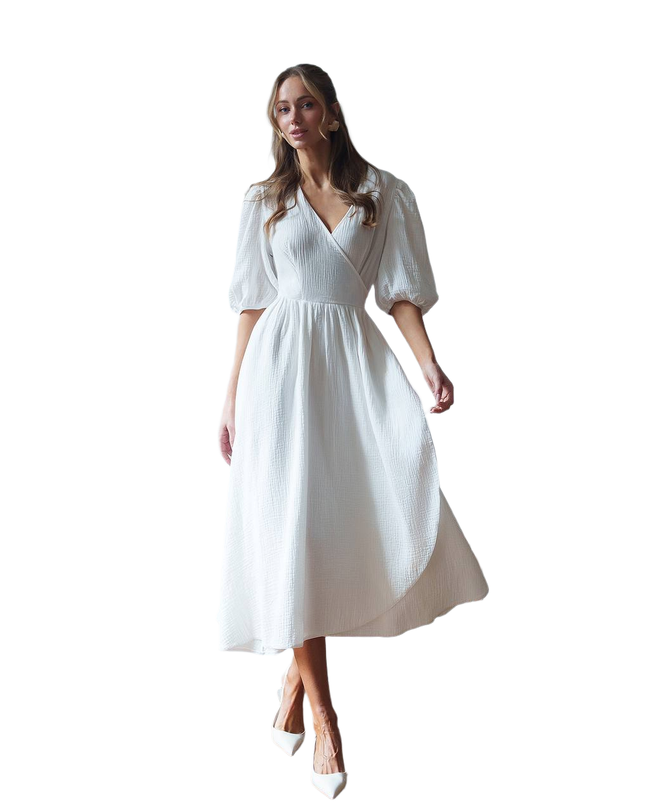 Elegant Muslin Midi Dress with Puff Sleeves in Milky White Blue Lavender