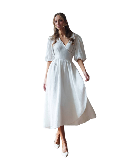 Elegant Muslin Midi Dress with Puff Sleeves in Milky White Blue Lavender