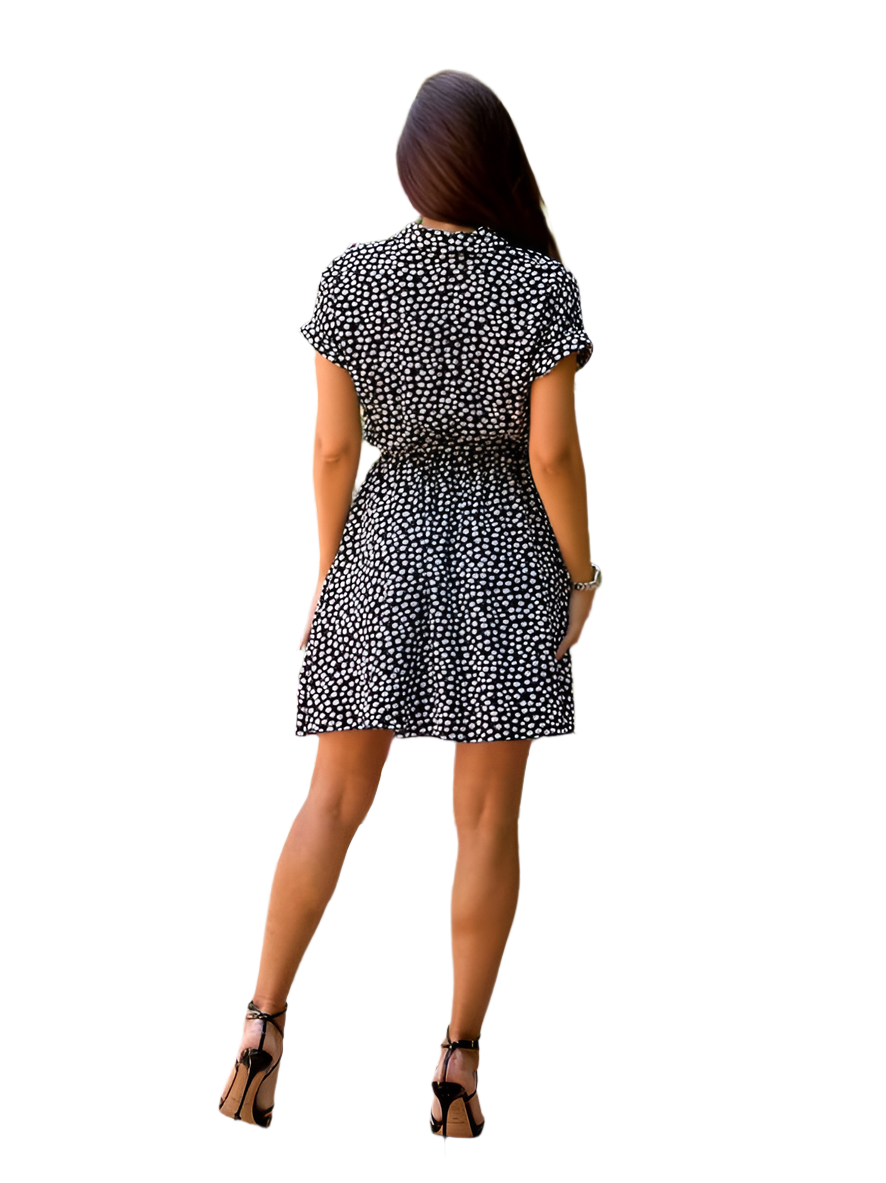 Lightweight Printed Staple Dress with Elastic Waist and Fabric Belt