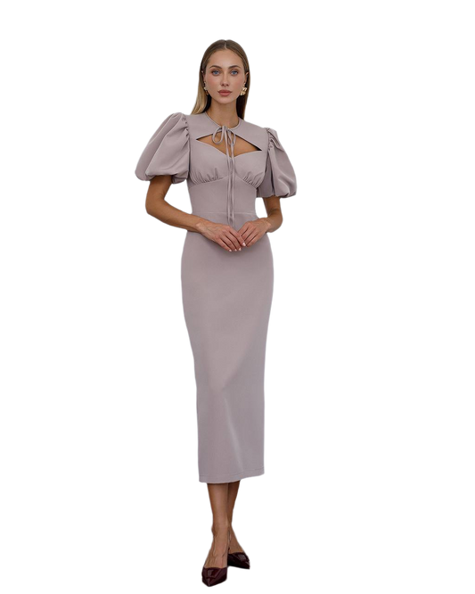 Elegant Midi Dress with Puff Sleeves and Cutout Detail