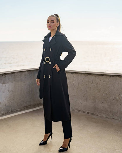 Stylish Black Trench Coat for Women with Belt and Pockets