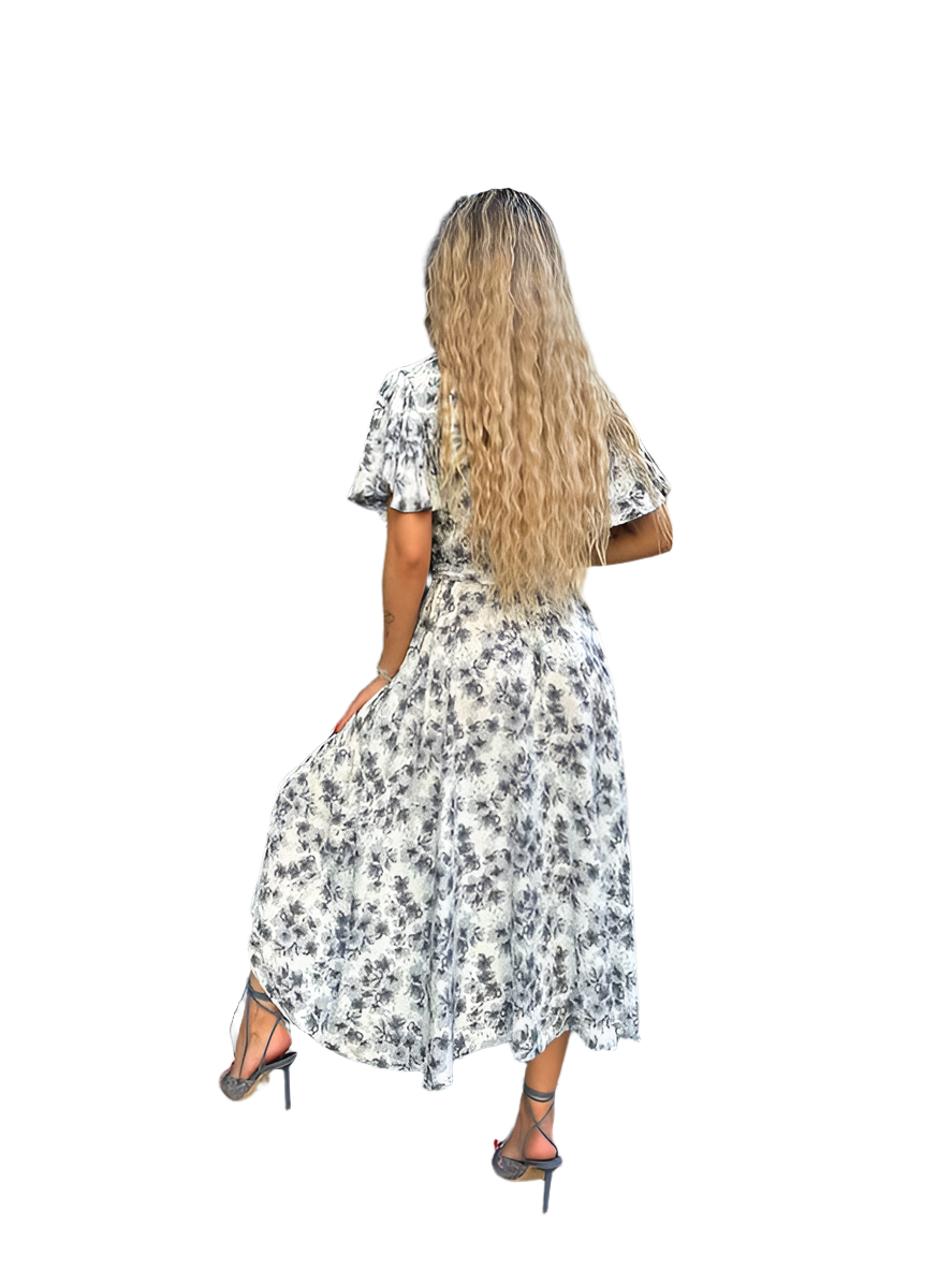 Floral Midi Dress with Belted Waist and Short Flutter Sleeves