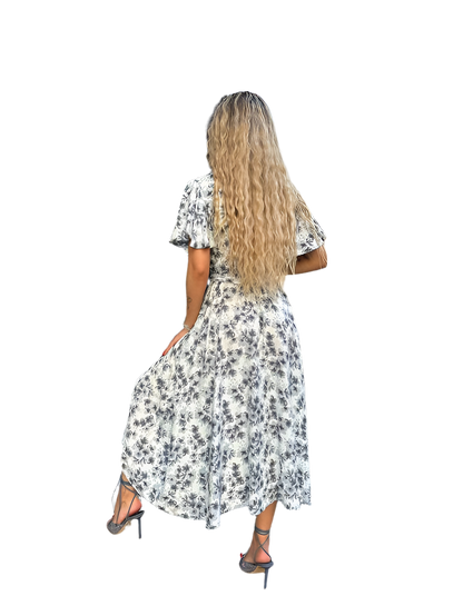 Floral Midi Dress with Belted Waist and Short Flutter Sleeves