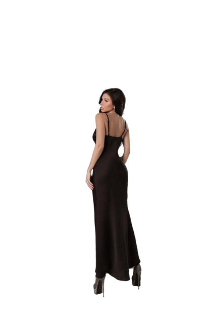 Woman wearing a black evening gown on a white background