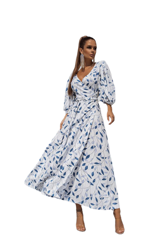 Linen Sundress with Blue Leaf Print Wrap Design for Women