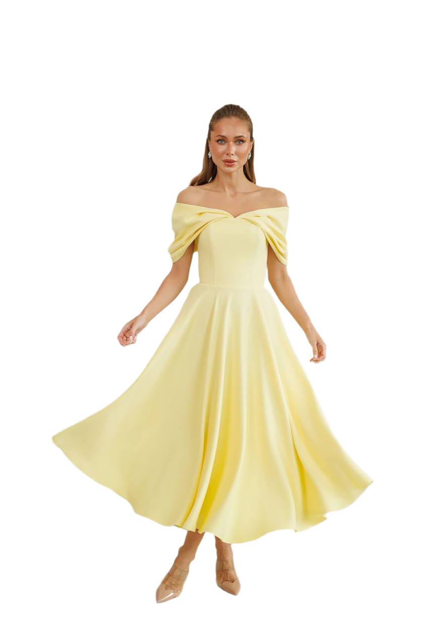 Elegant Off-Shoulder Yellow Diagonal Crepe Dress for Women