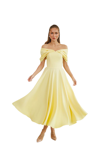 Elegant Off-Shoulder Yellow Diagonal Crepe Dress for Women