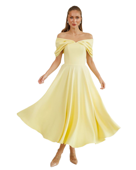 Elegant Off-Shoulder Yellow Diagonal Crepe Dress for Women