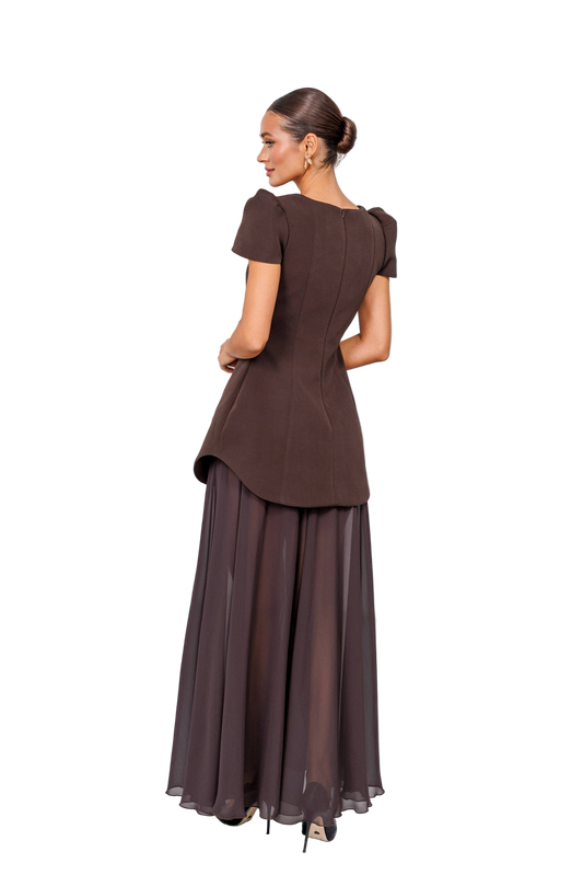 Chocolate Brown Peplum Dress with Chiffon Skirt Diagonal Crepe Evening Gown