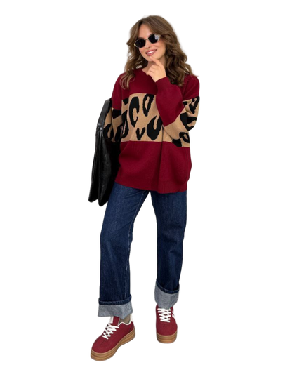 Burgundy Oversized Longline Leopard Knit Sweater for Women