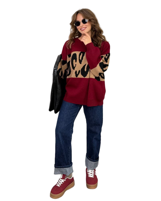 Burgundy Oversized Longline Leopard Knit Sweater for Women