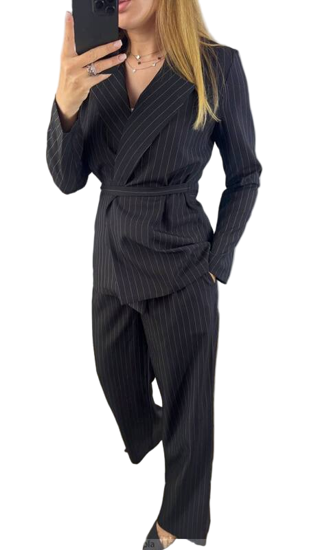 Person wearing a black pinstripe suit on a white background