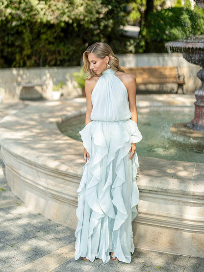 Organza Halter Neck Ruffle Gown Evening Dress