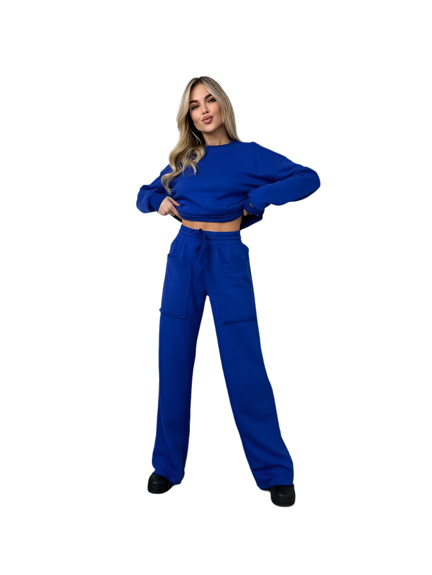 Blue Casual Two-Piece Set Crop Sweatshirt and High-Waist Pants