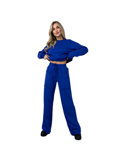 Blue Casual Two-Piece Set Crop Sweatshirt and High-Waist Pants