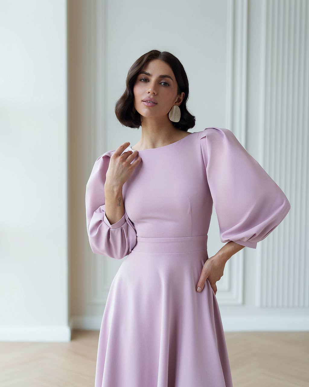 Elegant Midi Dress in Premium Diagonal Suiting Crepe with Puff Sleeves and Back Cutout
