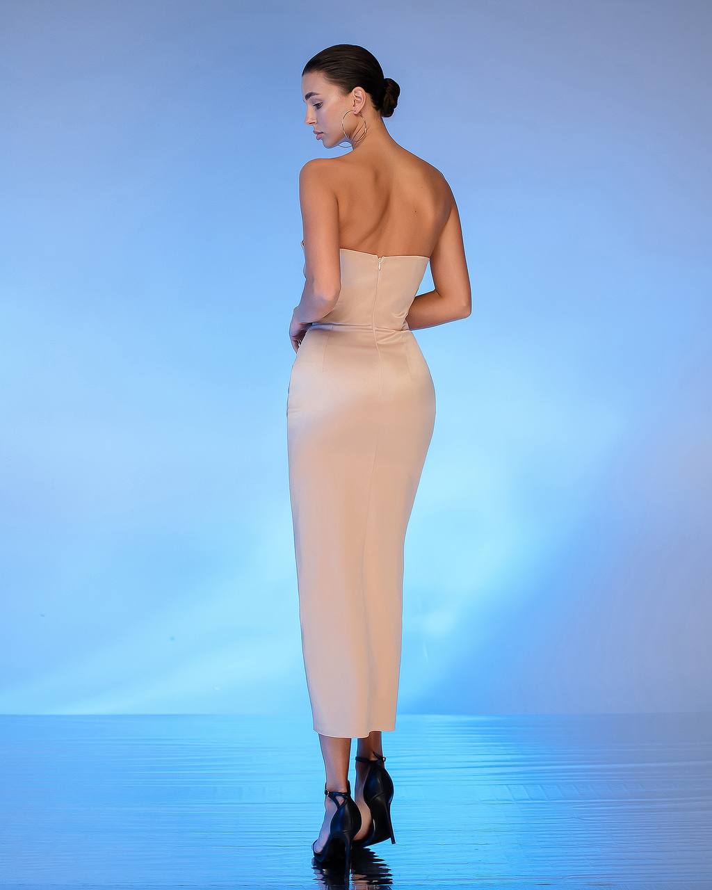 Elegant Royal Satin Midi Dress for Women with Puff Sleeves and Front Slit