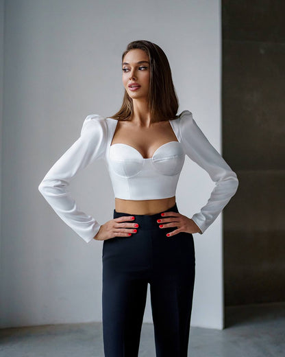Elegant Womens Satin Blouse Top with Puff Sleeves in White
