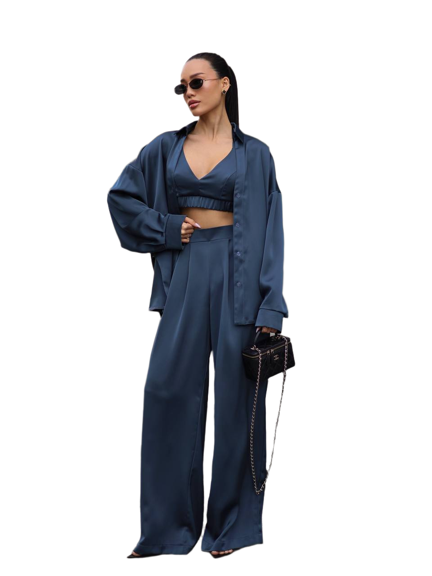Luxury Satin Three-Piece Women's Suit with Wide-Leg Pants and Crop Top