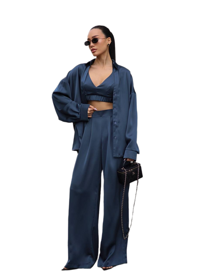 Luxury Satin Three-Piece Women's Suit with Wide-Leg Pants and Crop Top