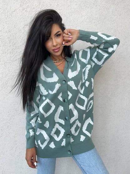 Womens Leo Cardigan Oversized Pattern Knit Sweater