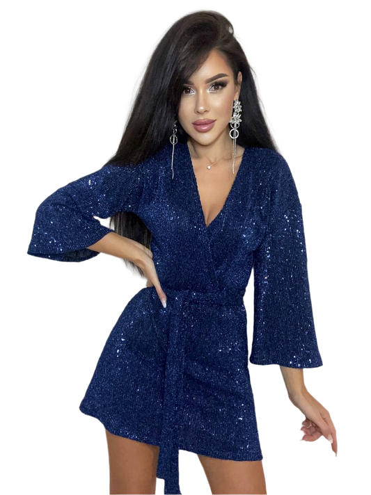 Blue Sequin Stretch Crimped Mini Dress with Belt