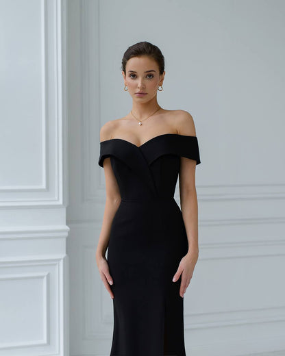 Elegant Off Shoulder Long Dress with Front Slit in Suiting Diagonal Crepe