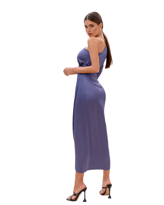 Woman wearing a purple dress on a white background