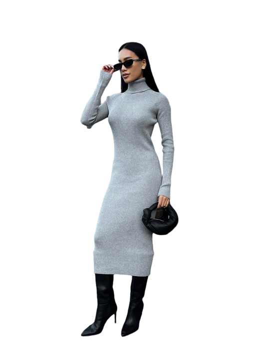Seamless Knit Midi Dress for Women Long Sleeve Turtleneck
