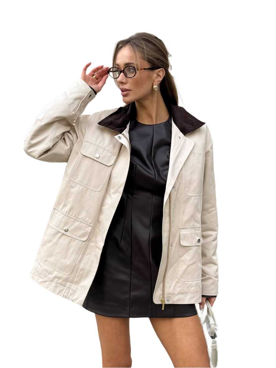 Beige Casual Demi-Season Jacket with Corduroy Collar for Women