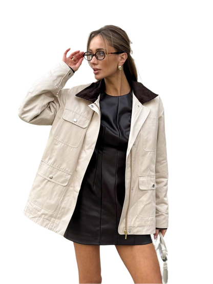 Beige Casual Demi-Season Jacket with Corduroy Collar for Women