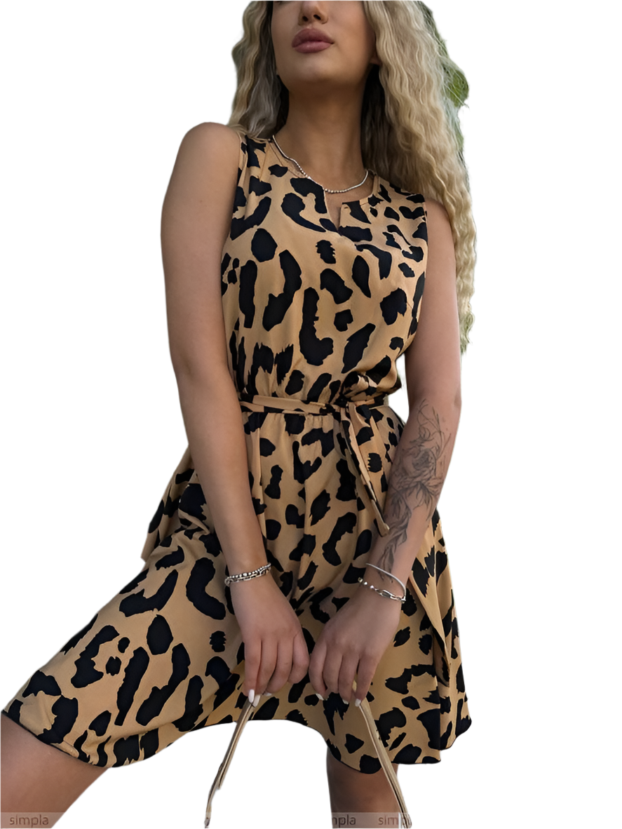 Woman wearing a leopard print dress on a white background