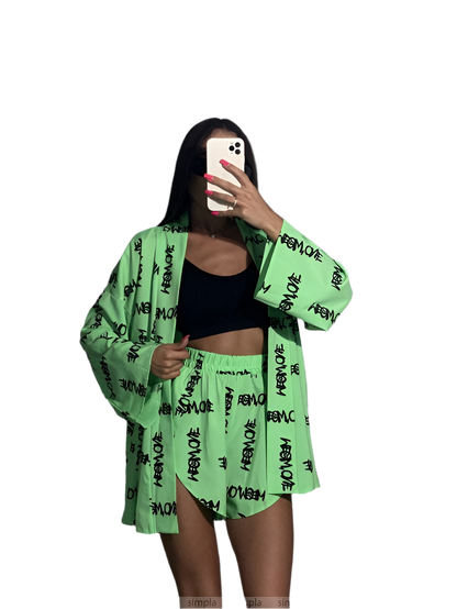 Stylish Green Soft Fabric Two-Piece Set with Elastic Waist Shorts and Belt