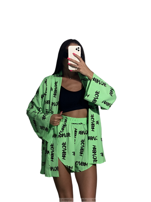 Stylish Green Soft Fabric Two-Piece Set with Elastic Waist Shorts and Belt