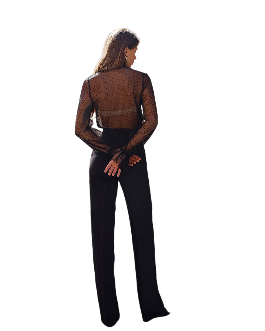 Woman wearing a sheer brown top and black pants on a white background