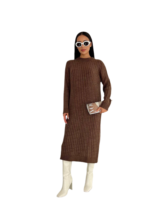 Seamless Knit Ribbed Midi Dress for Women Brown Wool Acrylic