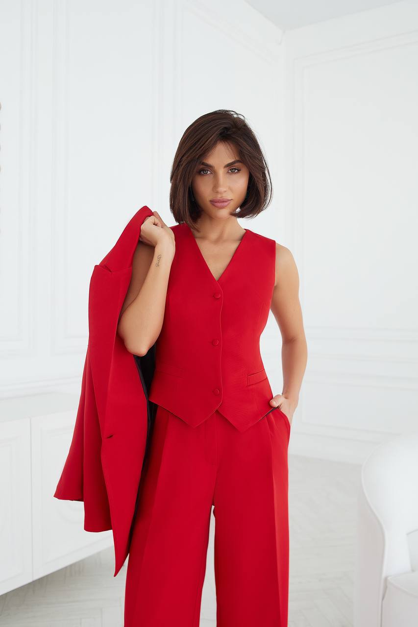 Women Three Piece Suit Red Premium Diagonal Crepe Lined Vest Jacket Trousers