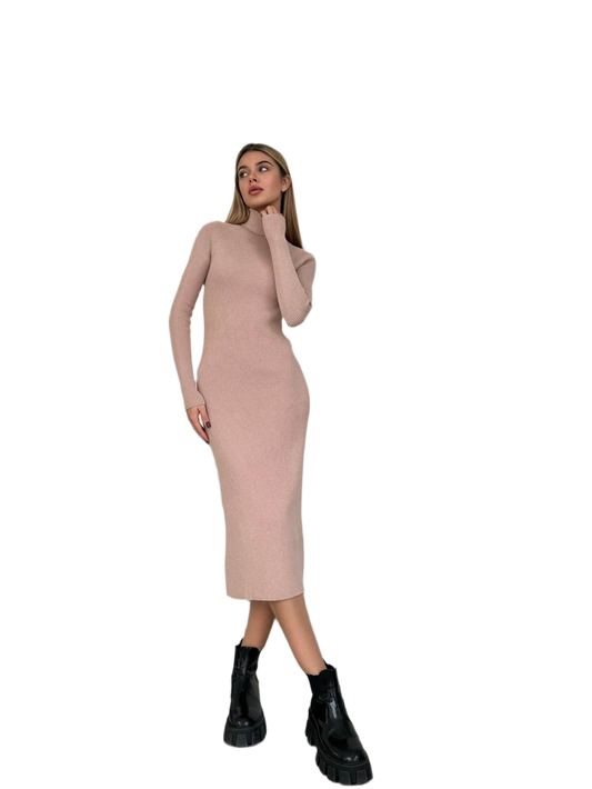 Seamless Midi Knitted Dress for Women with Turtleneck