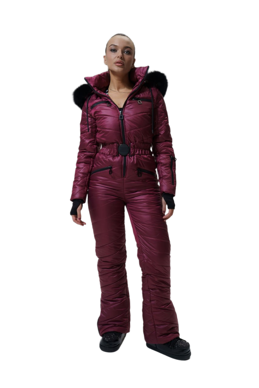 Womens Insulated Ski Jumpsuit with Natural Fox Fur Hood Maroon