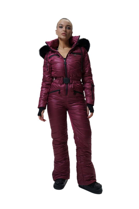 Womens Insulated Ski Jumpsuit with Natural Fox Fur Hood Maroon