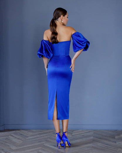 Royal Blue Midi Corset Dress with Puffed Sleeves
