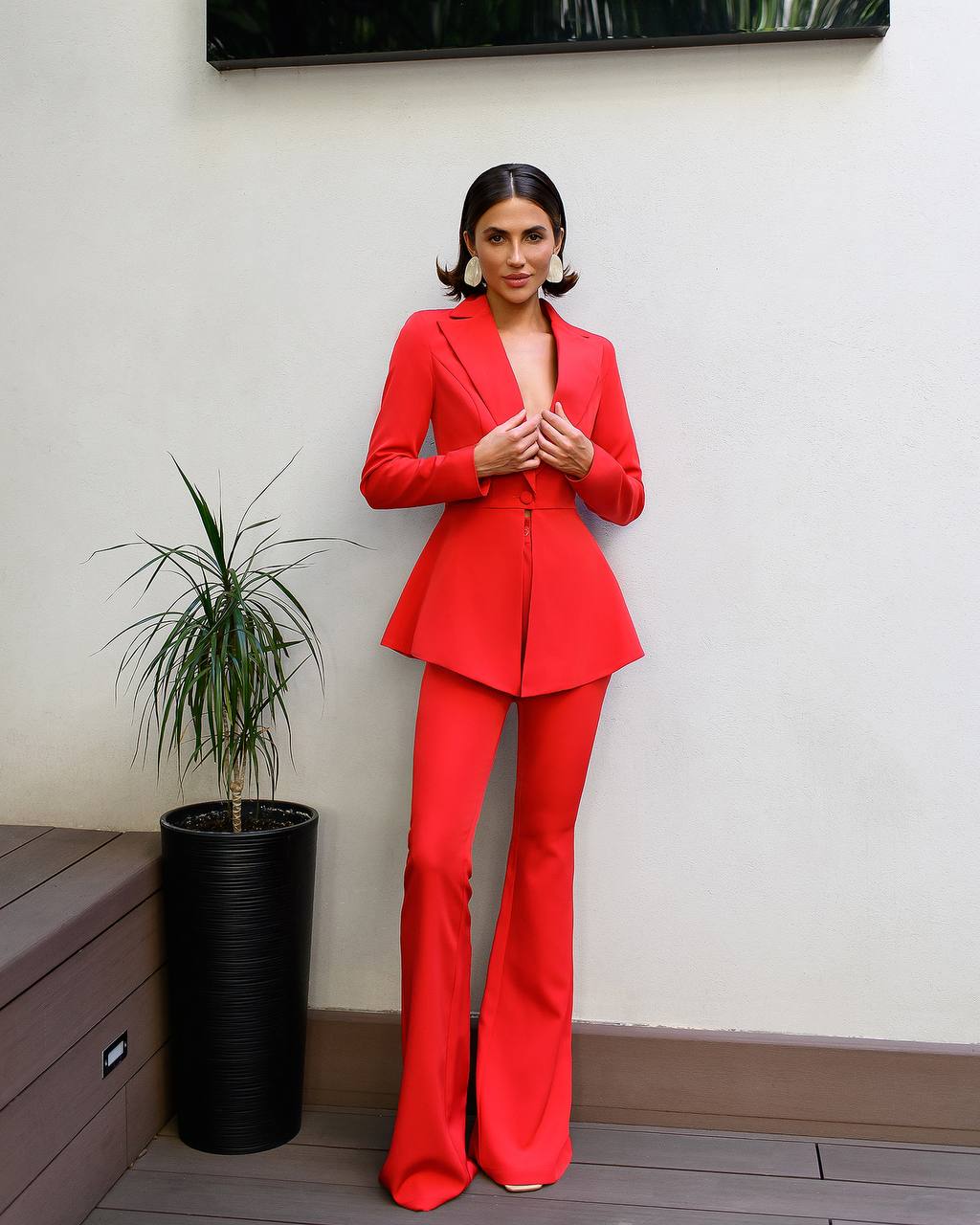 Premium Diagonal Crepe Women's Peplum Suit in Red