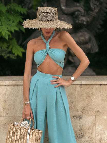 Women Light Blue Palazzo Pants and Multifunctional Top Set