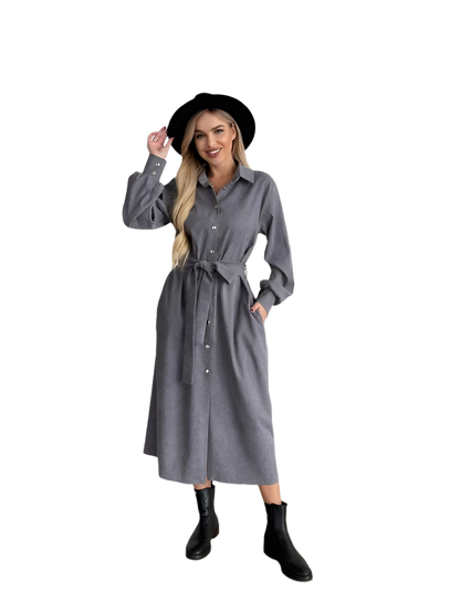 Grey Microvelvet Shirt Dress with Belt and Buttons
