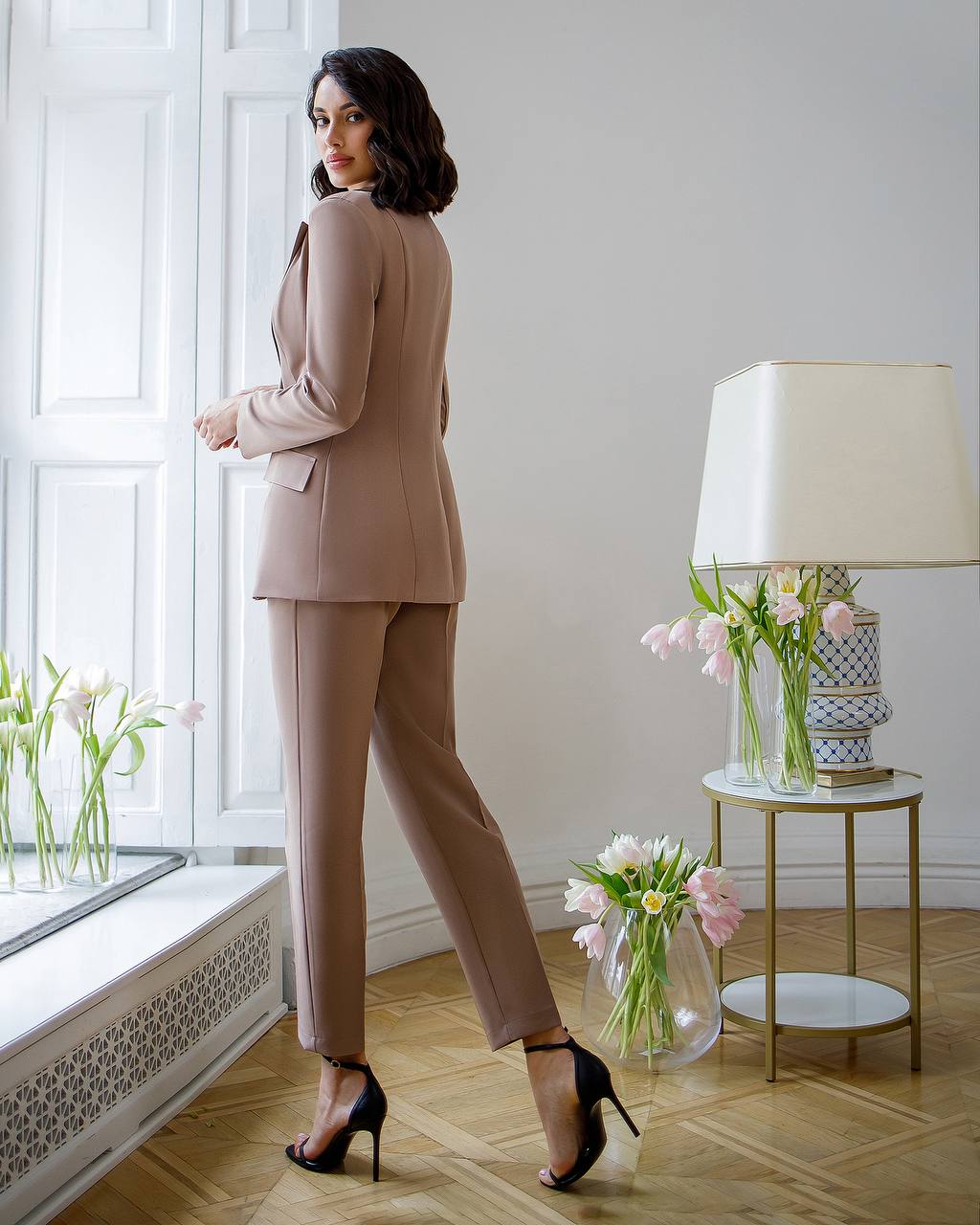 Elegant Womens Suit Jacket and Trousers Set in Soft Brown Crepe Diagonal