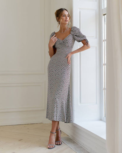 Printed Silk Puff Sleeve Midi Dress for Women